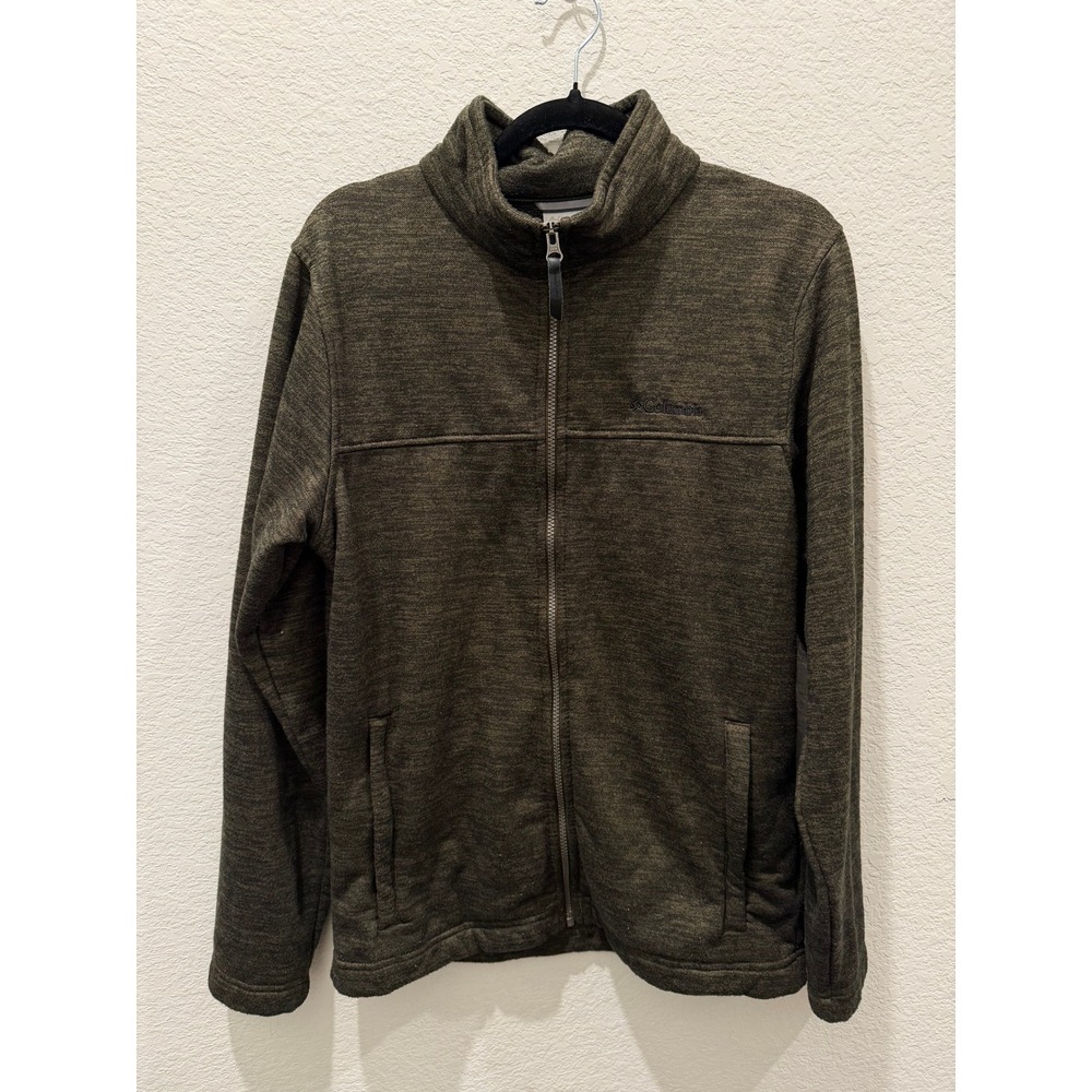 Columbia Mens Full Zip Fleece Jacket Green Marl Sherpa Lined Mock Neck Medium